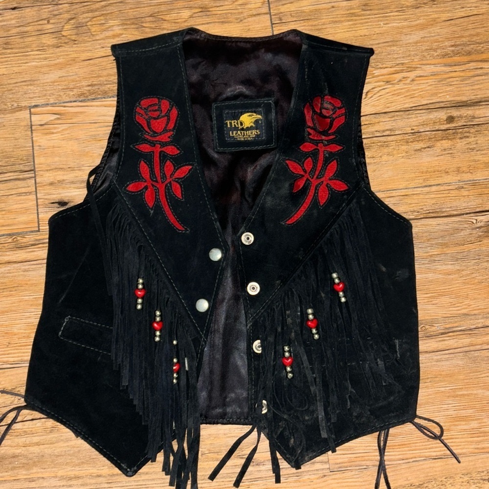 Black Suede Fringe Vest with Red Rose Embroidery